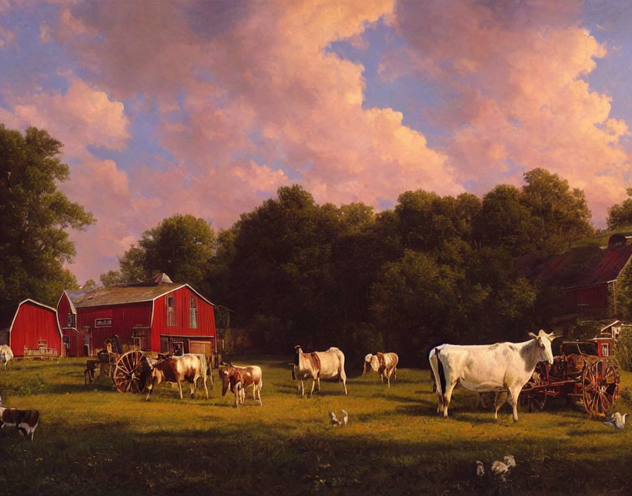 Rural farm landscape with cattle, chickens, and red farm buildings at sunset