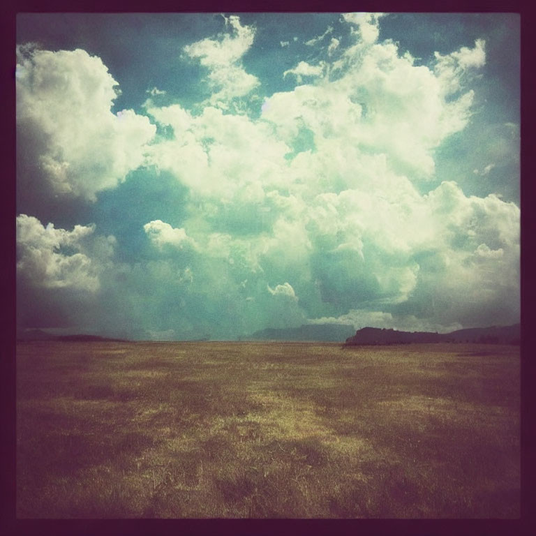 Tranquil field under dramatic sky with vintage sepia filter