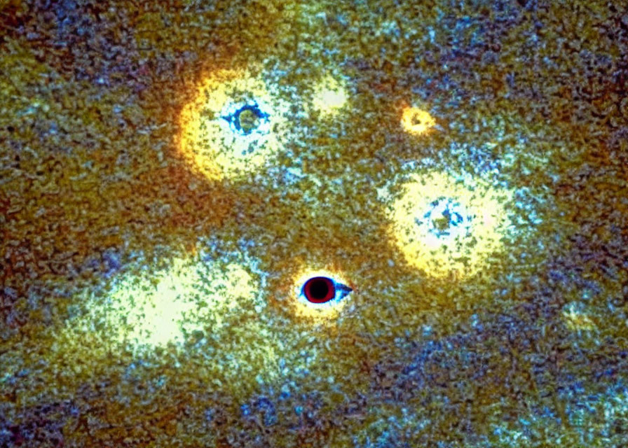 Bright cosmic objects with dark circle and light ring: a composite image.