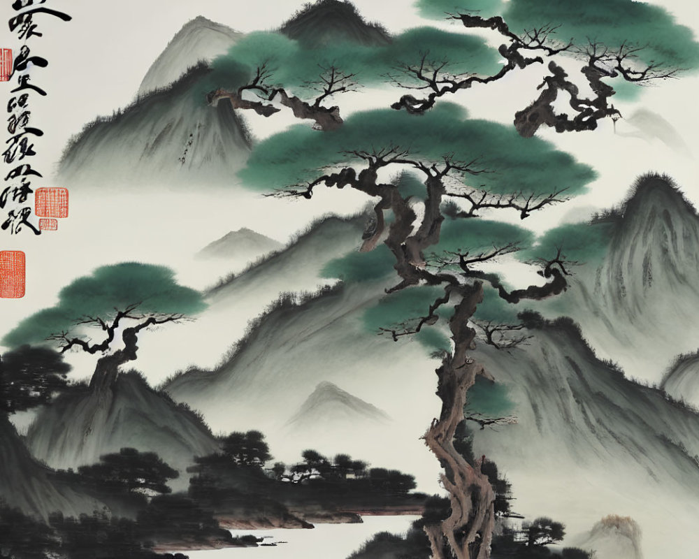 Majestic Chinese landscape ink painting with mountains, trees, river, calligraphy, red seals