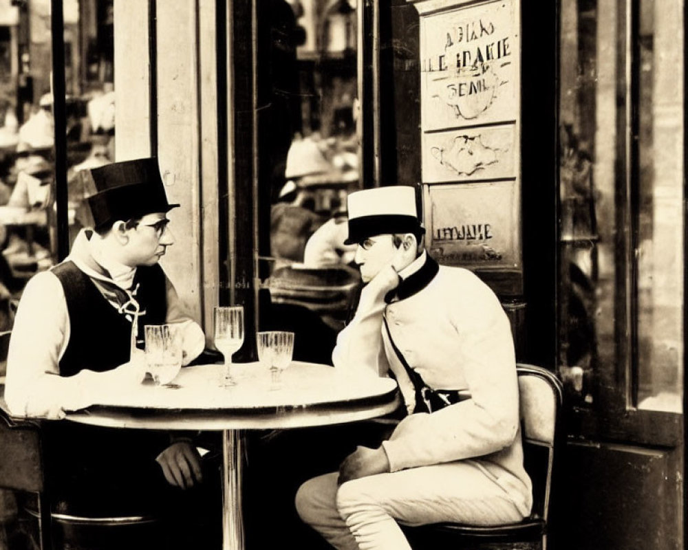 Vintage Attired Individuals at Cafe Table with Ornate Backdrop