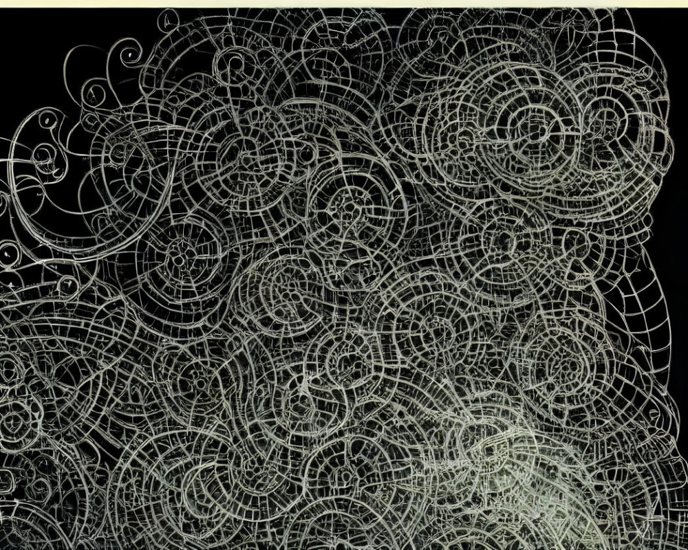 Detailed White Filigree Line Art on Black Background