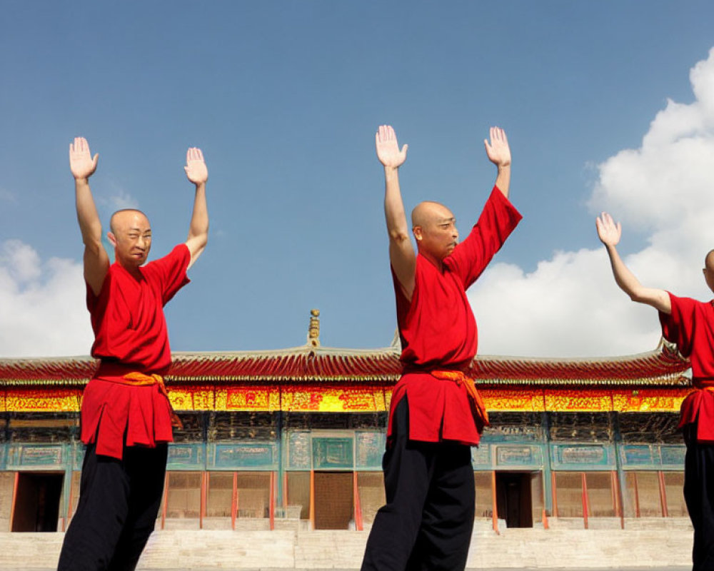 Three Individuals in Red Robes Performing Synchronized Martial Arts Routine