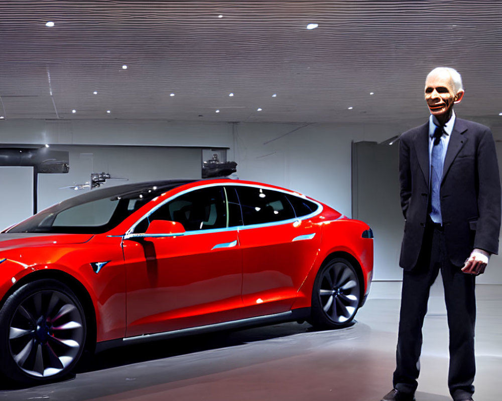 Man in Suit Wax Figure Next to Red Electric Car in Showroom