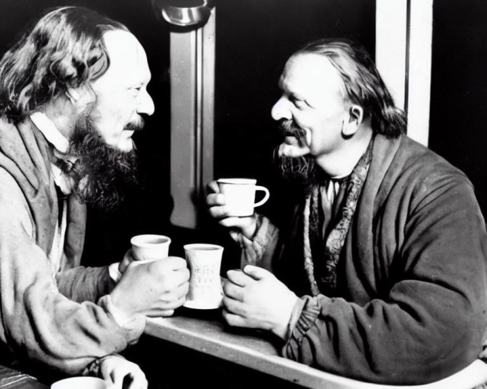 Two identical people chatting at a table with cups in hand.