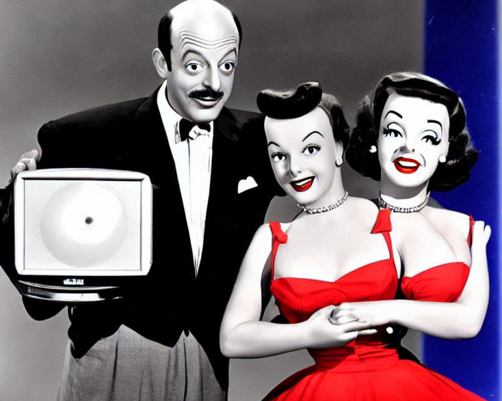 Vintage Black and White Photo with Colorized Red Elements of Man Holding TV and Smiling Women in Red