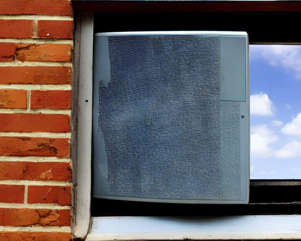 Brick wall window frame with air conditioning unit against clear blue sky