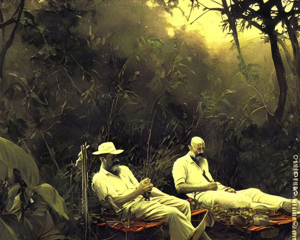 Bearded men in white attire on outdoor beds in lush forest at sunrise or sunset