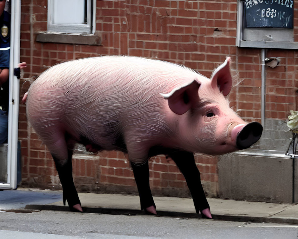 Realistic Pink Pig Sculpture with Officer in Background