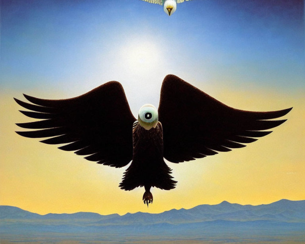 Surreal painting: eagle with eye, desert landscape, feather