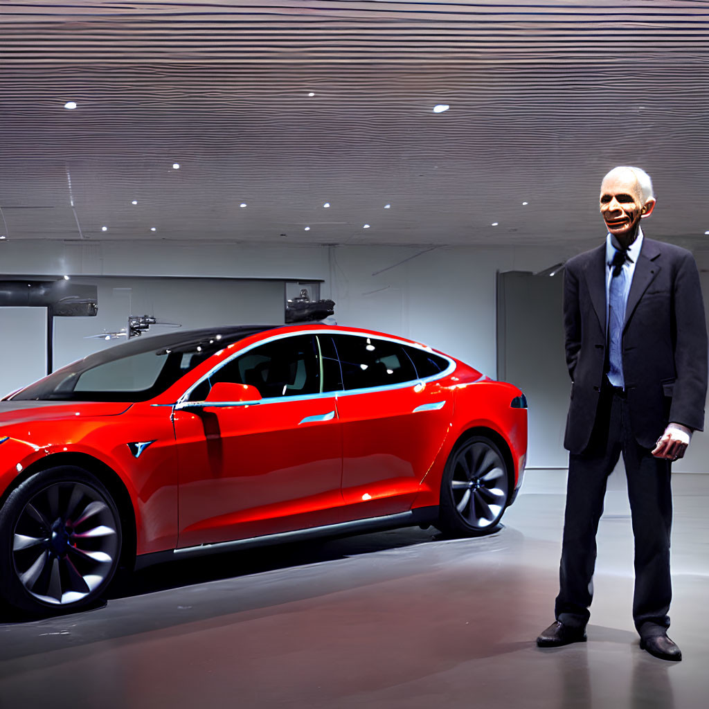 Man in Suit Wax Figure Next to Red Electric Car in Showroom