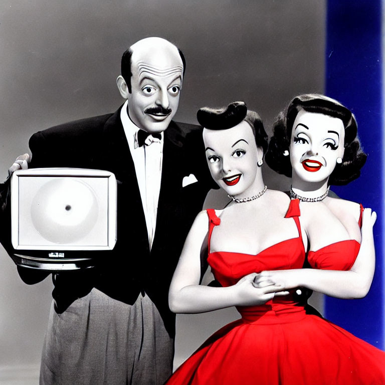 Vintage Black and White Photo with Colorized Red Elements of Man Holding TV and Smiling Women in Red