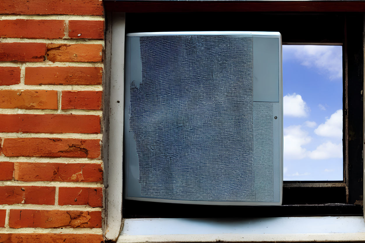 Brick wall window frame with air conditioning unit against clear blue sky