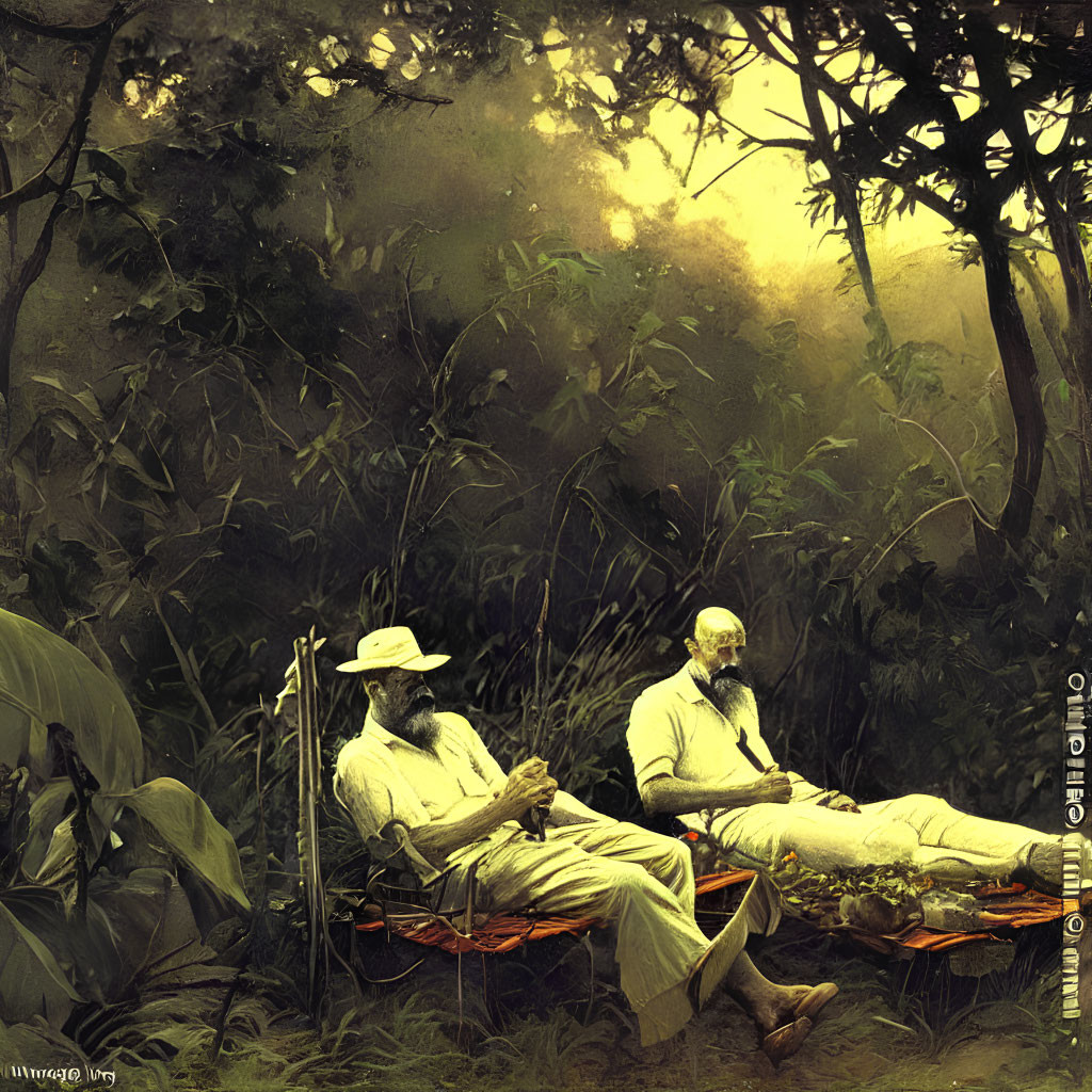 Bearded men in white attire on outdoor beds in lush forest at sunrise or sunset