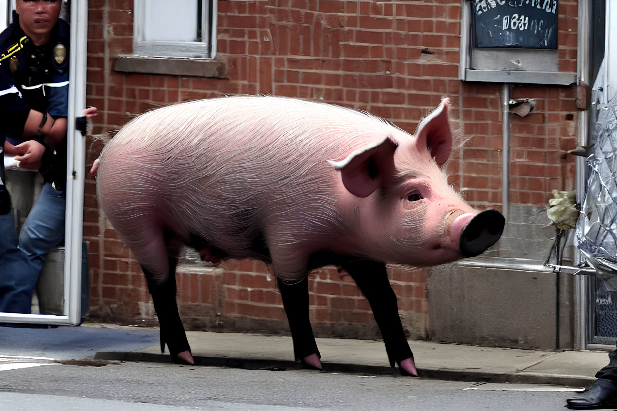 Realistic Pink Pig Sculpture with Officer in Background