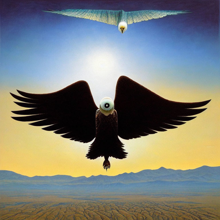 Surreal painting: eagle with eye, desert landscape, feather