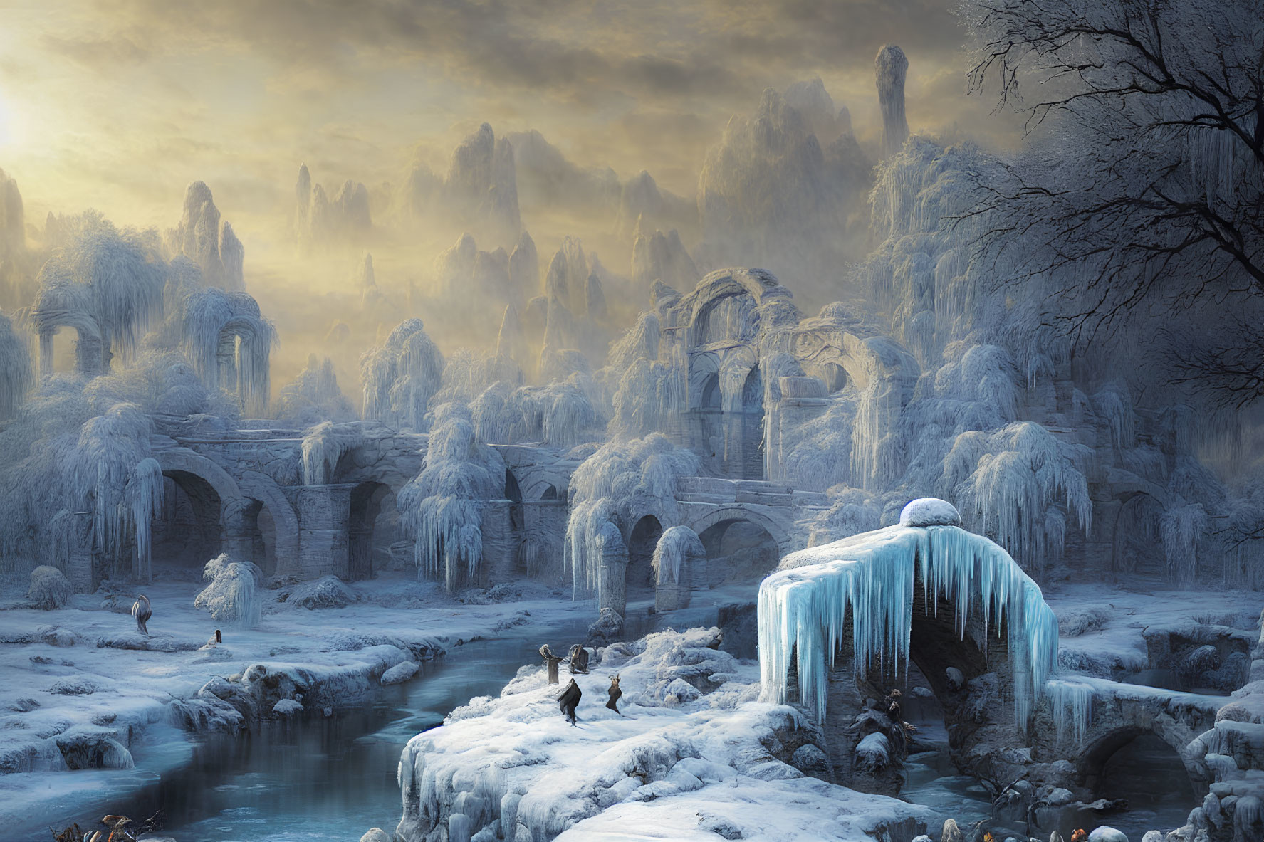 Fantasy wintry landscape with icy ruins, frozen waterfall, and frosted trees.