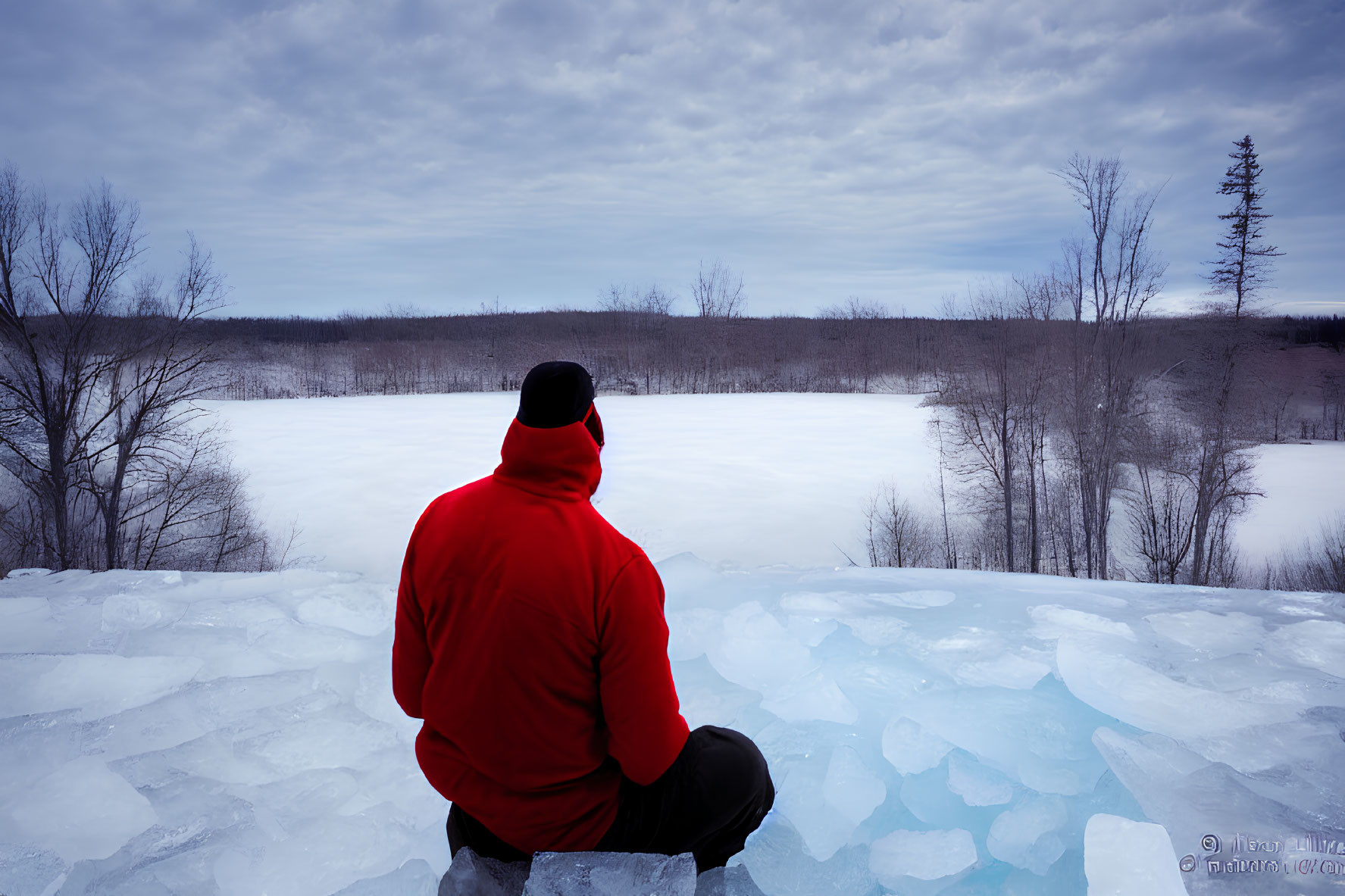 Person in red jacket on icy terrain gazes at snowy landscape