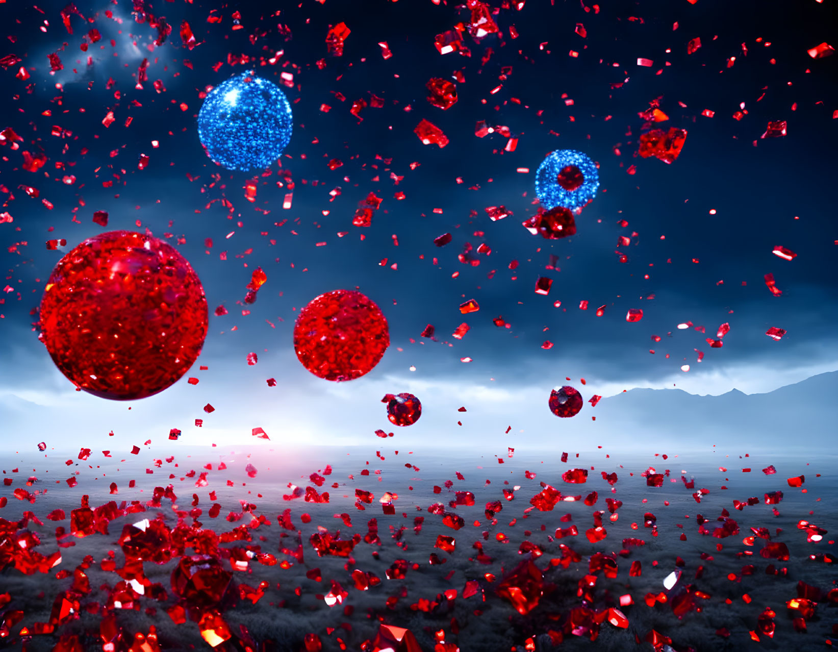 Gemstones shattering in misty landscape with blue sky