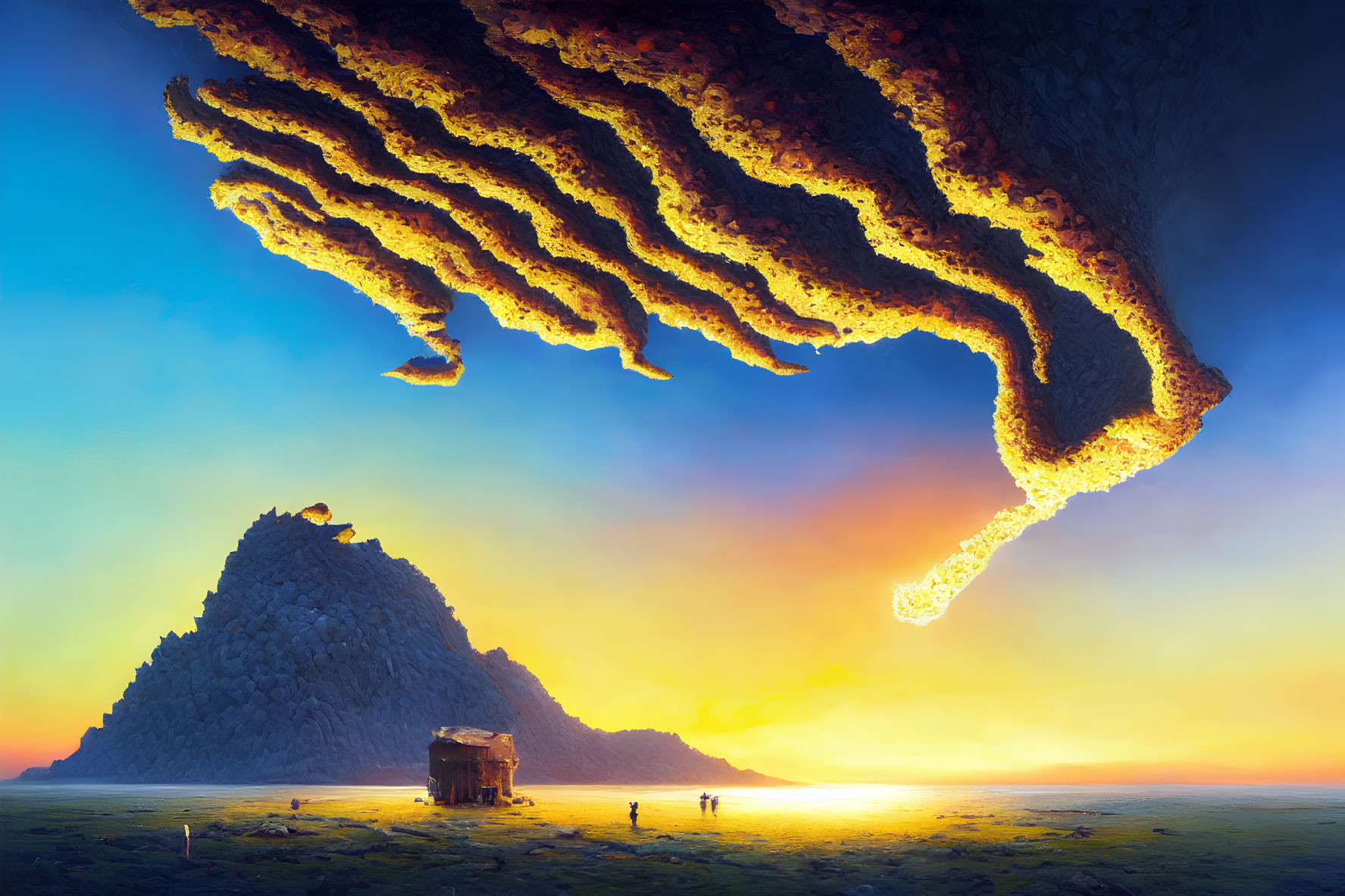 Fantastical mountain hive emitting glowing lava-like substances at twilight