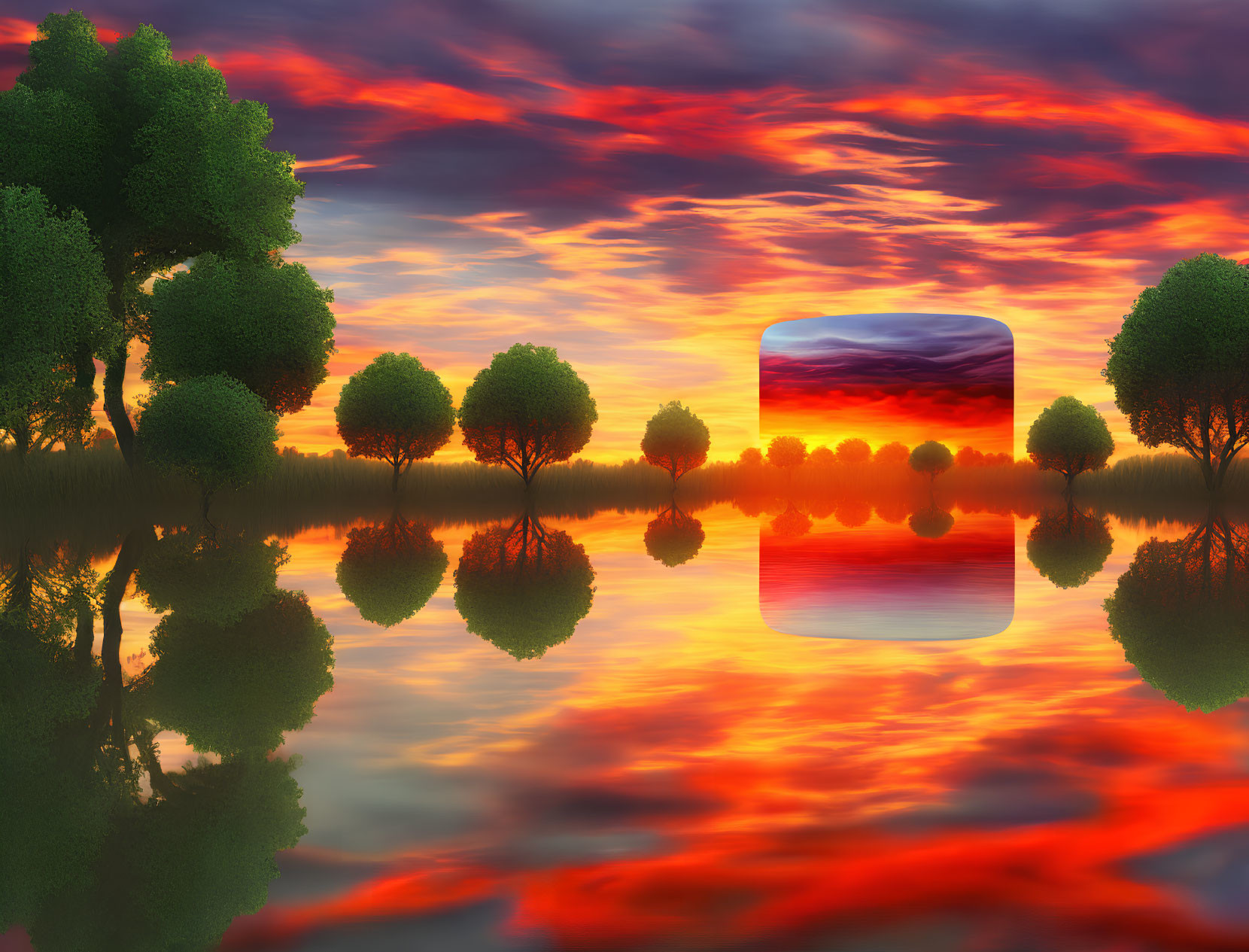 Fiery sunset reflection over calm lake with silhouette trees in floating window