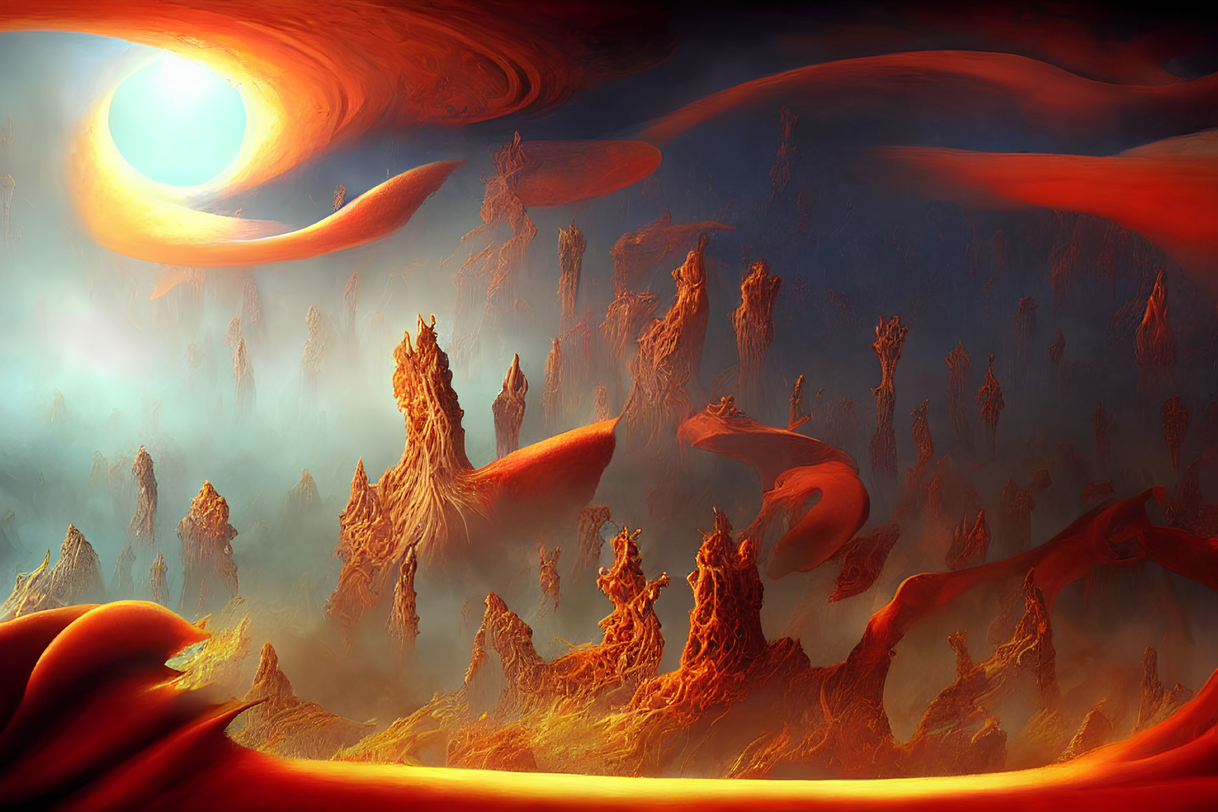 Fantastical fiery landscape with towering rock formations and swirling sky