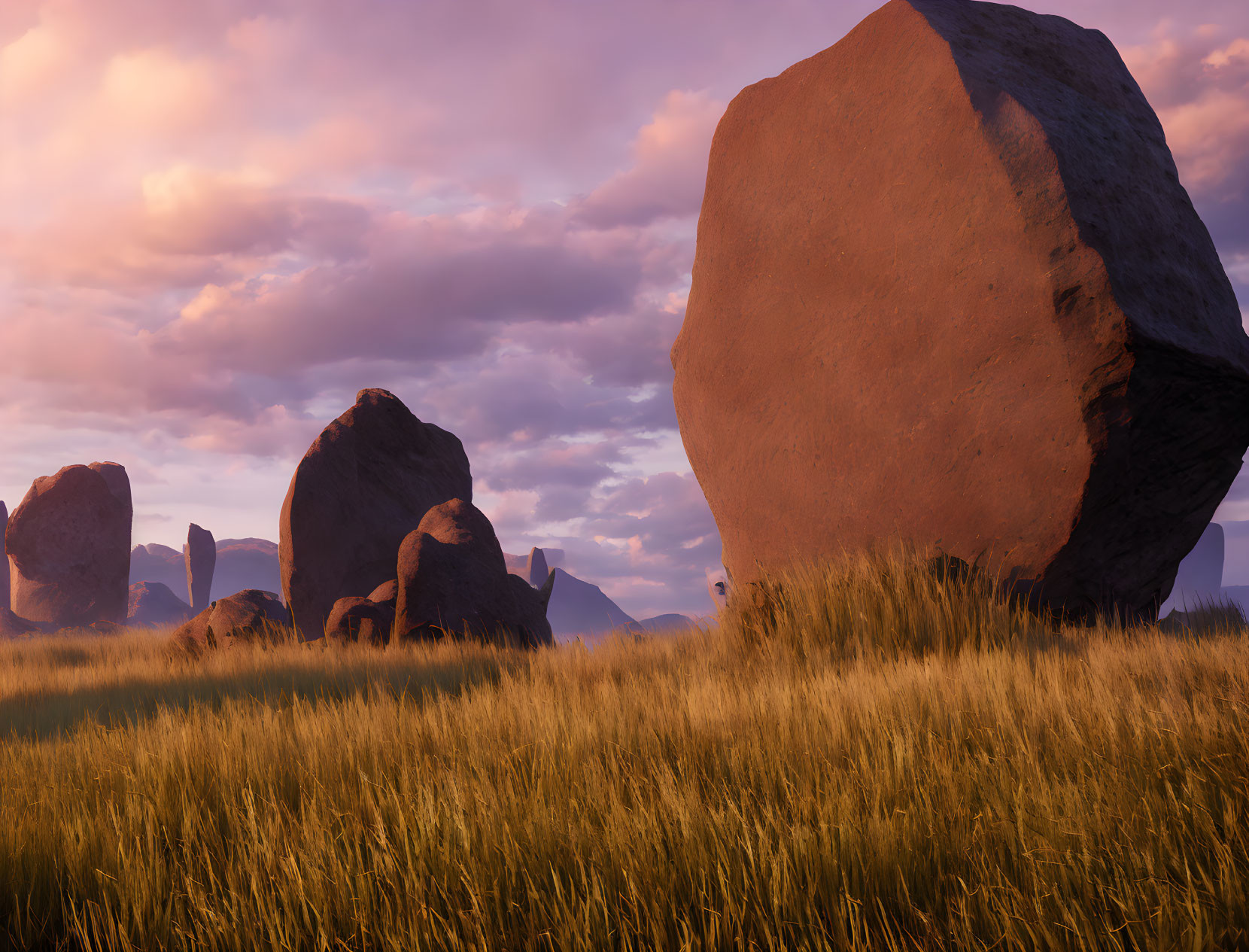 Tranquil landscape with large boulders and golden grass under purple and orange dusk sky