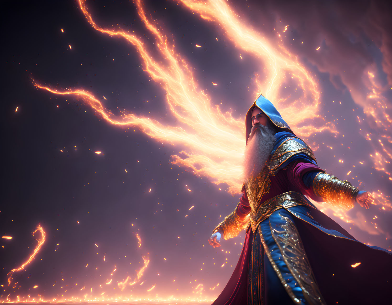 Majestic wizard in richly adorned robe under swirling fiery sky