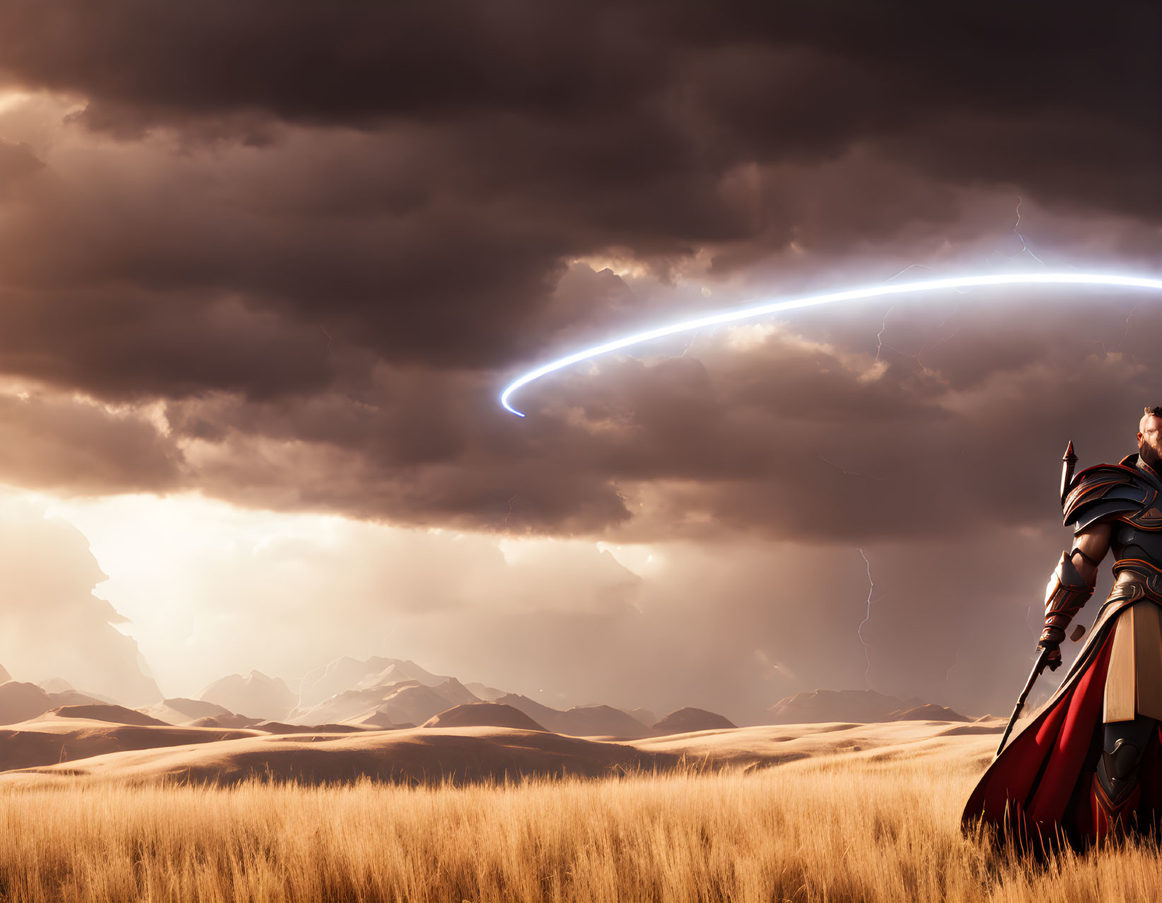 Armored warrior gazes at stormy mountain landscape