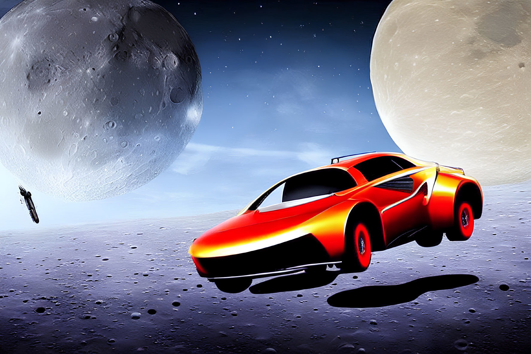 Red sports car on moon-like surface with spaceman and planets in background