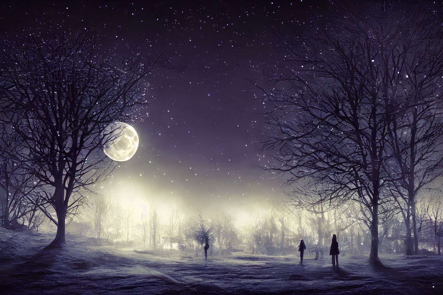 Snowy Night Landscape with Moon, Trees, Figures, and Stars