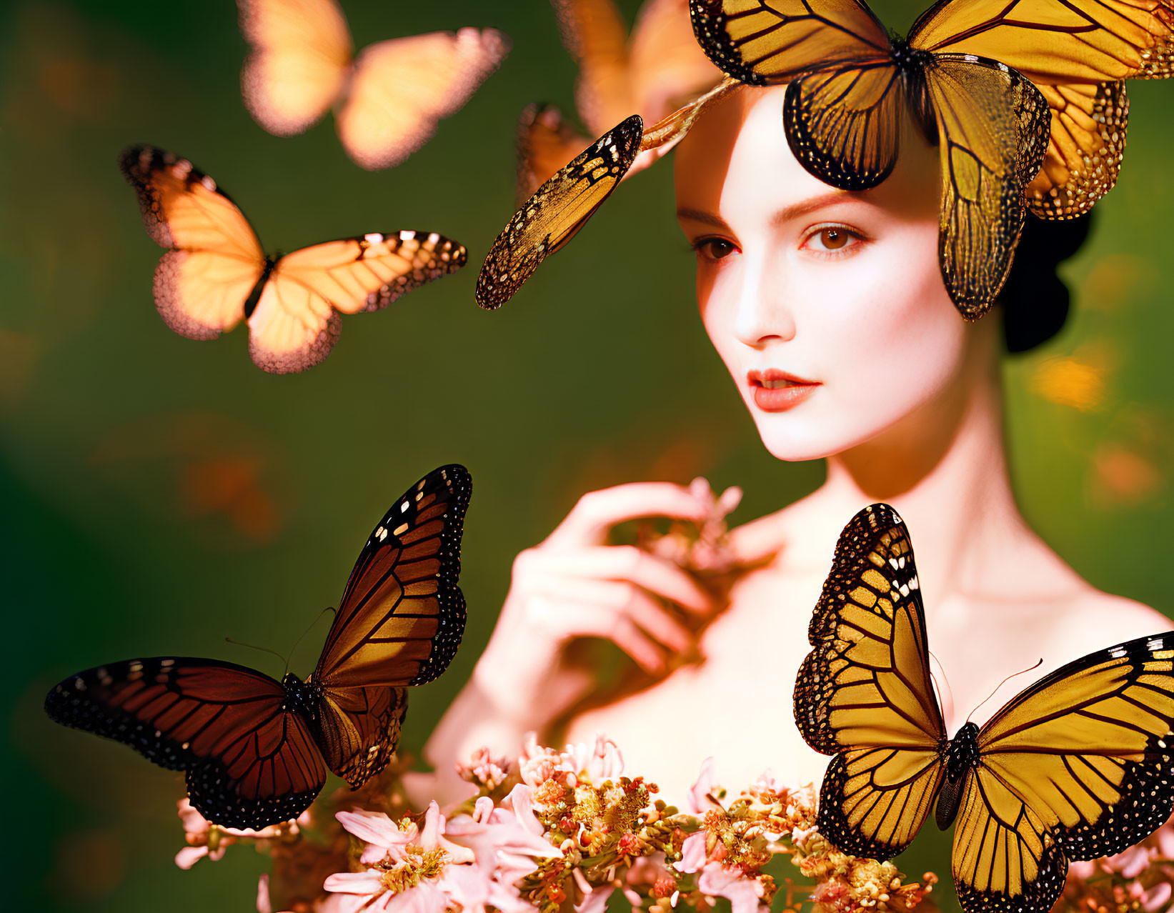 Woman with Monarch Butterflies and Flowers on Green Background