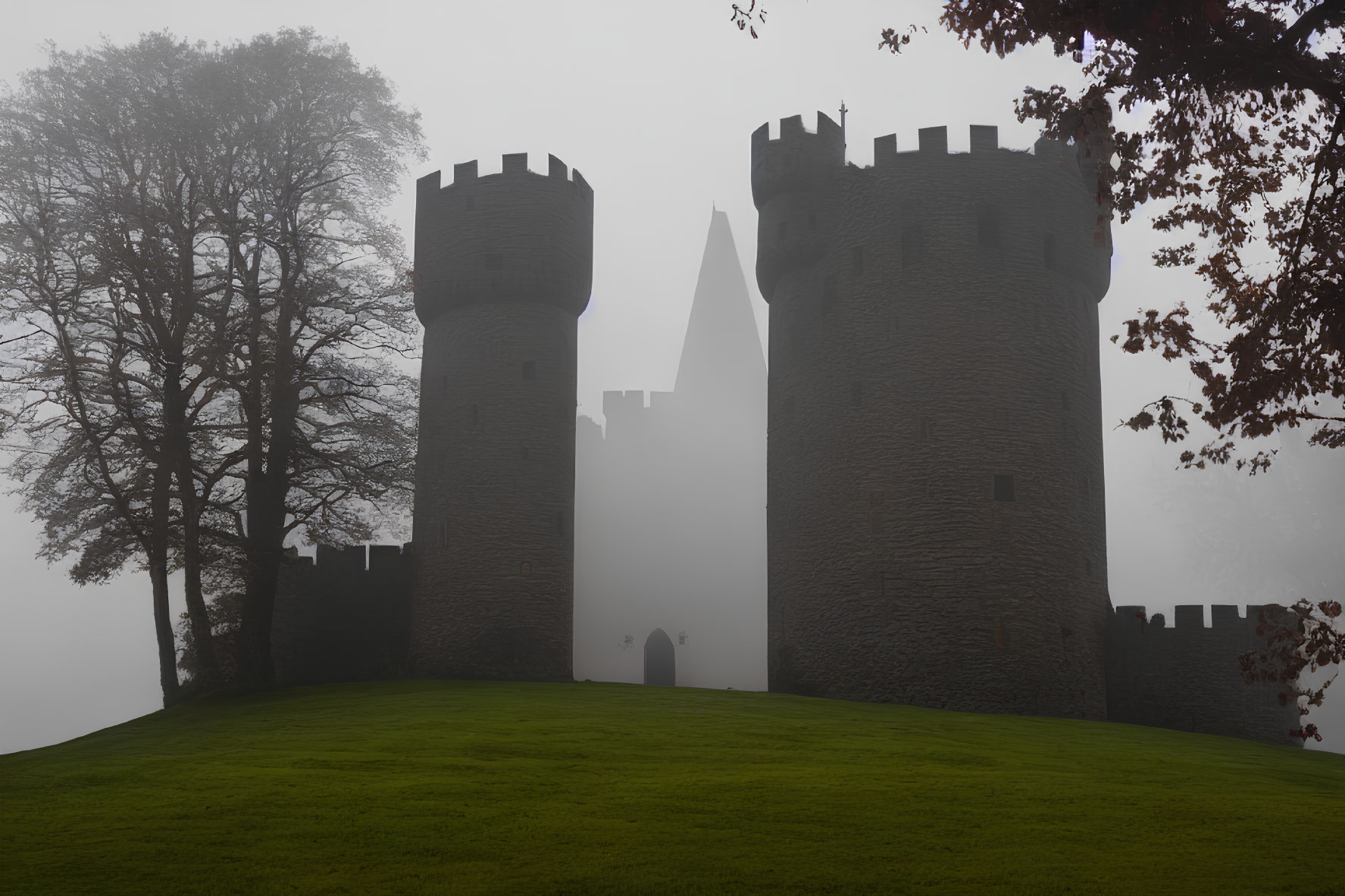 Medieval stone towers and castle walls in heavy fog with trees and misty backdrop