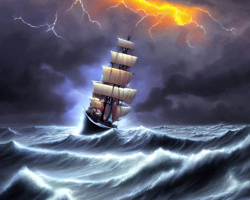 Sailing ship in stormy ocean with lightning sky