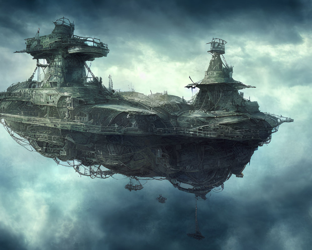 Floating steampunk-style airship with intricate metalwork in cloudy skies