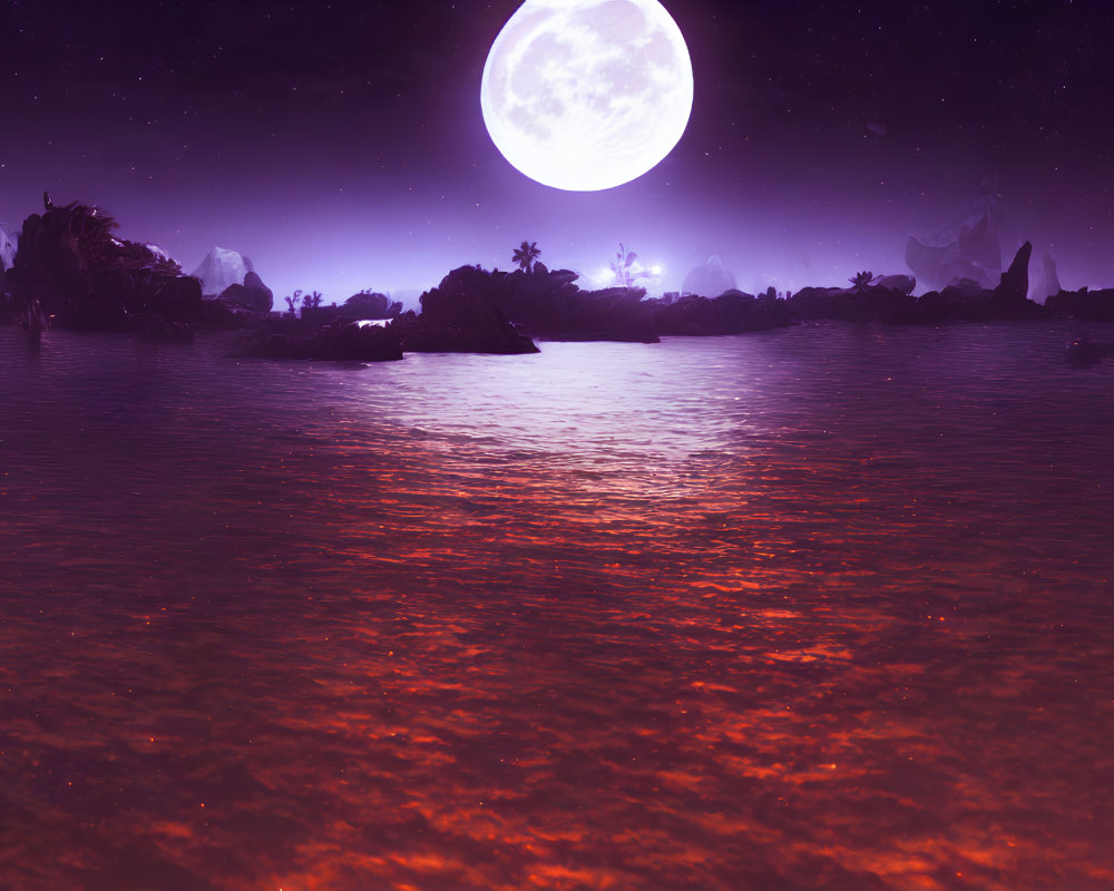 Alien landscape with large moon, red ocean, silhouetted rocks, and starry sky