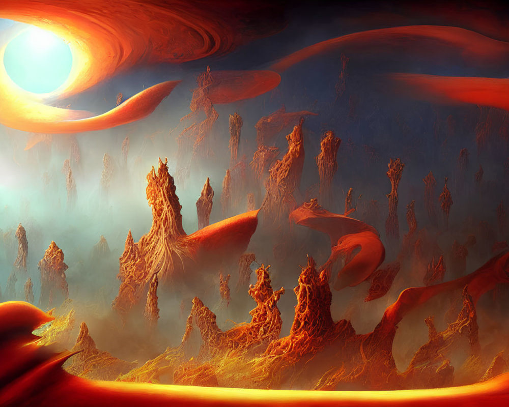 Fantastical fiery landscape with towering rock formations and swirling sky