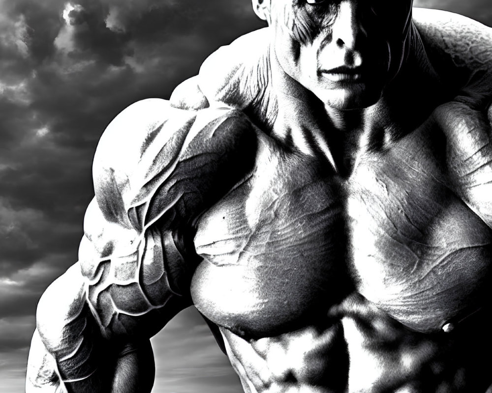 Muscular figure in monochrome against dramatic cloudy sky