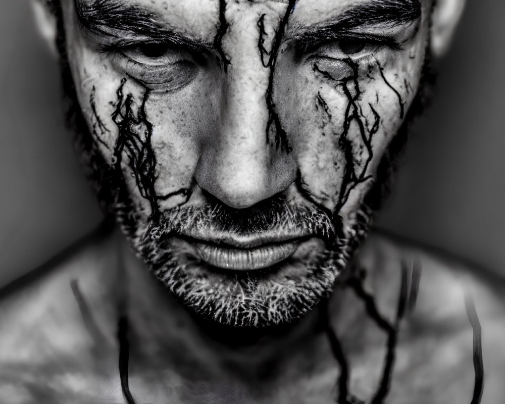 Monochrome close-up photo of person with cracked earth face paint