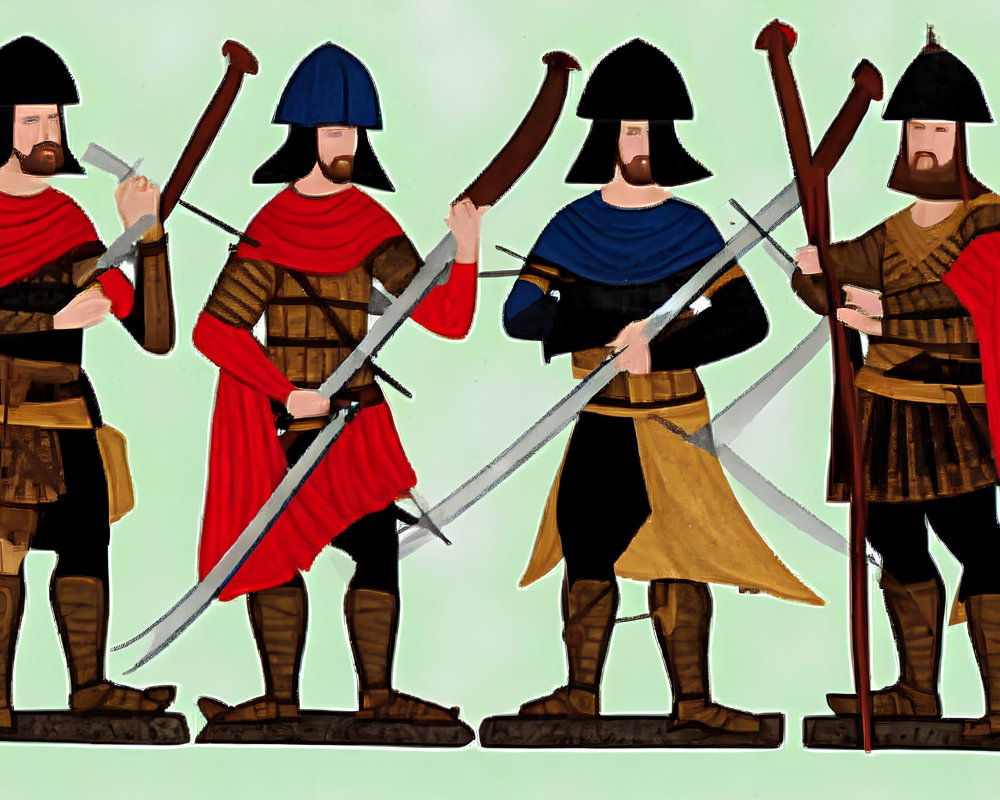 Four medieval warriors in armor and helmets with axes and swords on light background