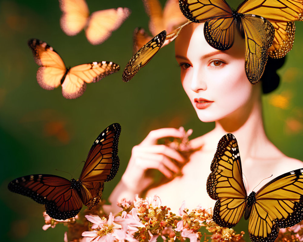 Woman with Monarch Butterflies and Flowers on Green Background