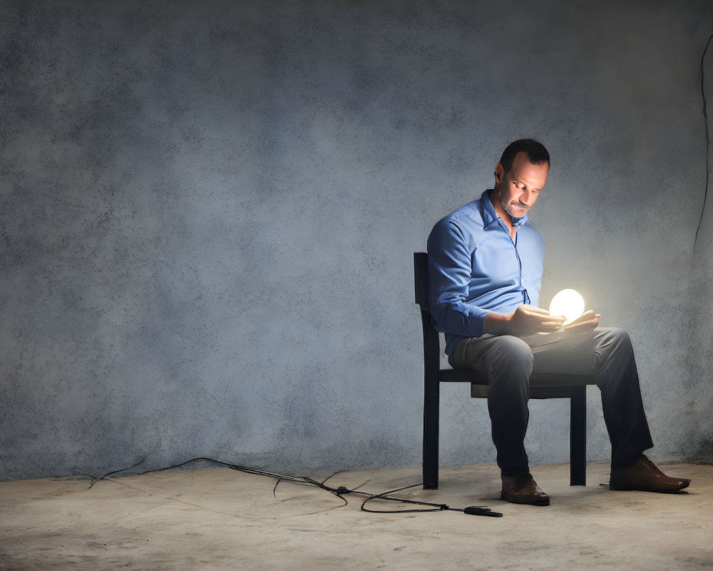 Man in blue shirt reading glowing book on dark chair against textured grey background