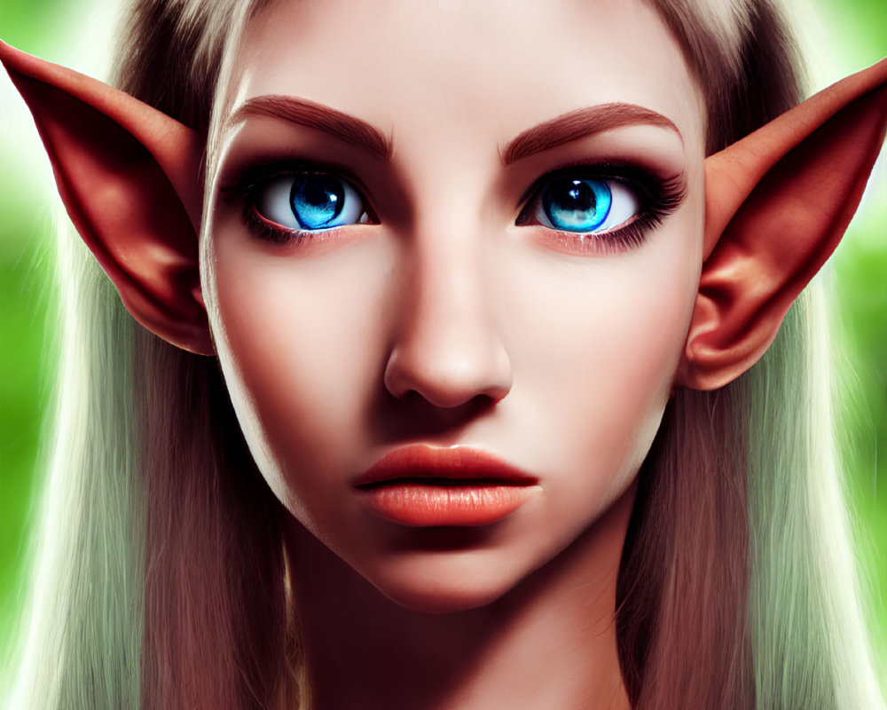 Female Elf Portrait with Pointed Ears and Blue Eyes on Green Background