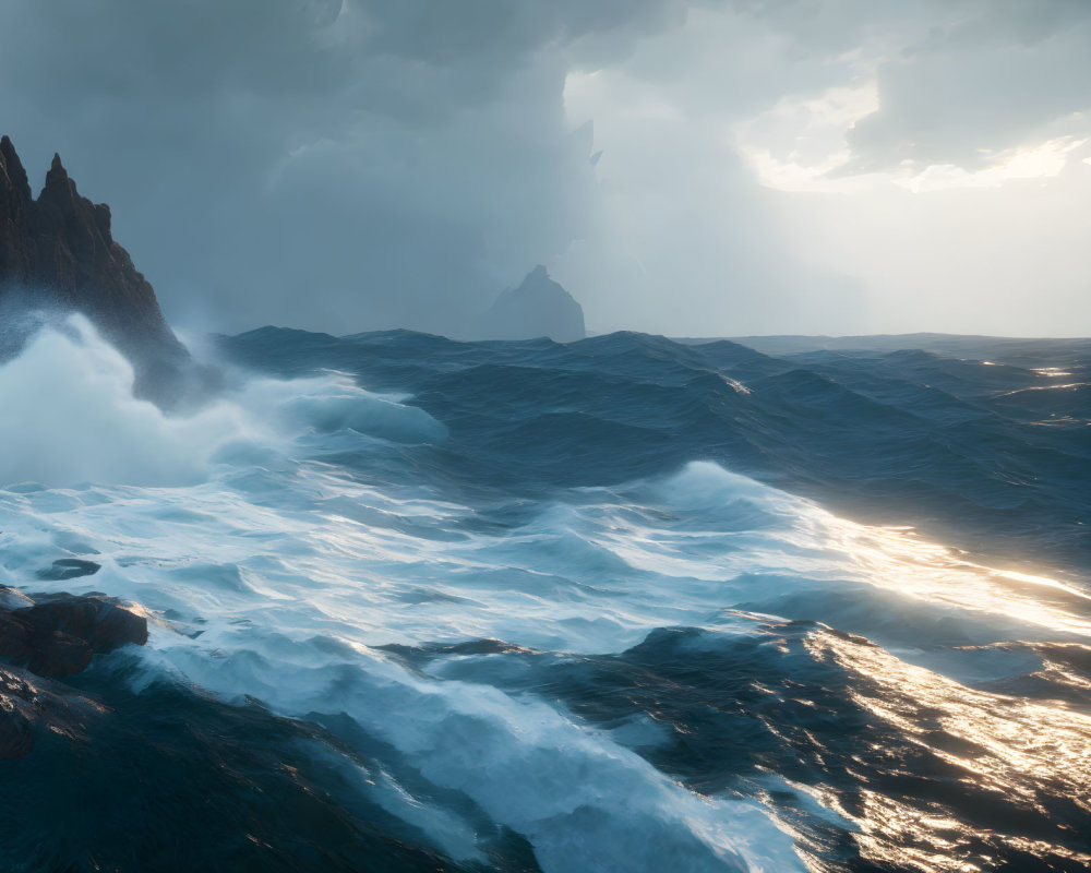 Dramatic ocean waves under sunlight in cloudy sky