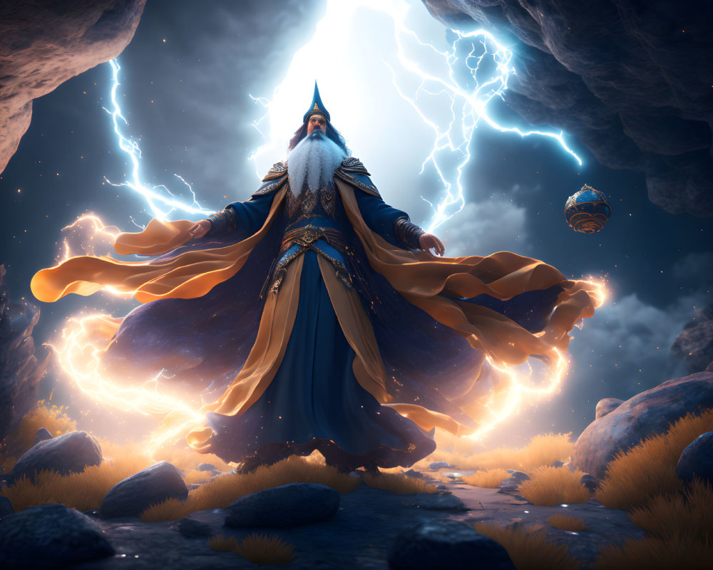 Majestic wizard in cave with lightning, staff, and floating orb