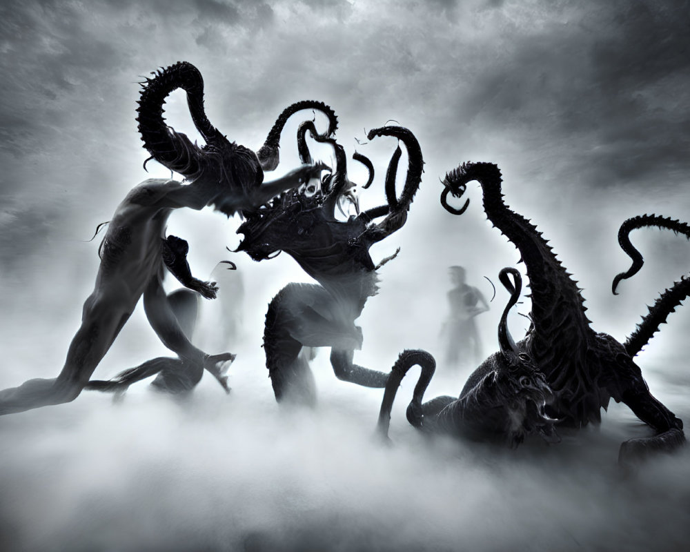 Silhouetted figures battling dark tentacled monsters in mystical scene