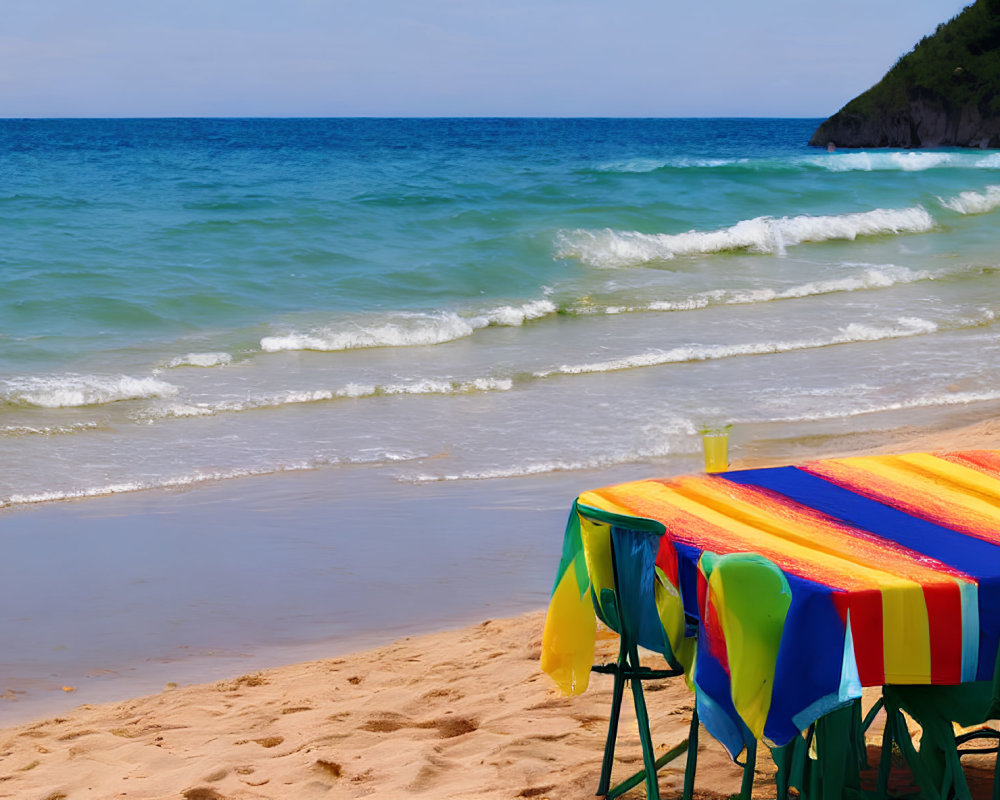 Vibrant beach table setup with waves and blue sky