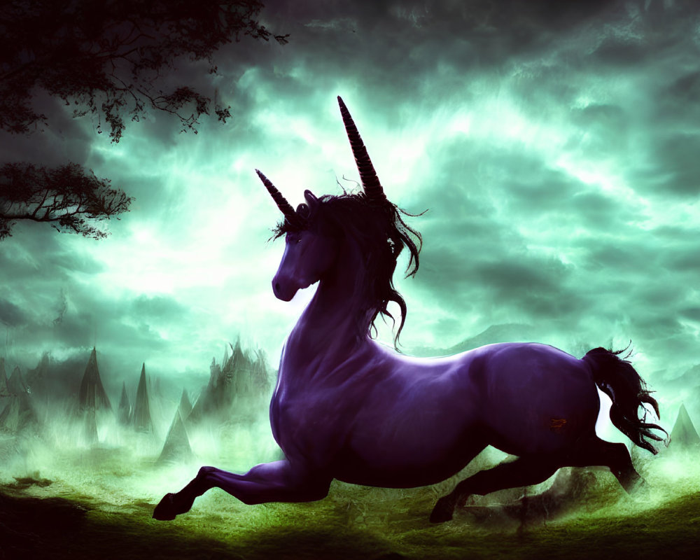 Majestic purple unicorn with spiraled horn in mystical landscape