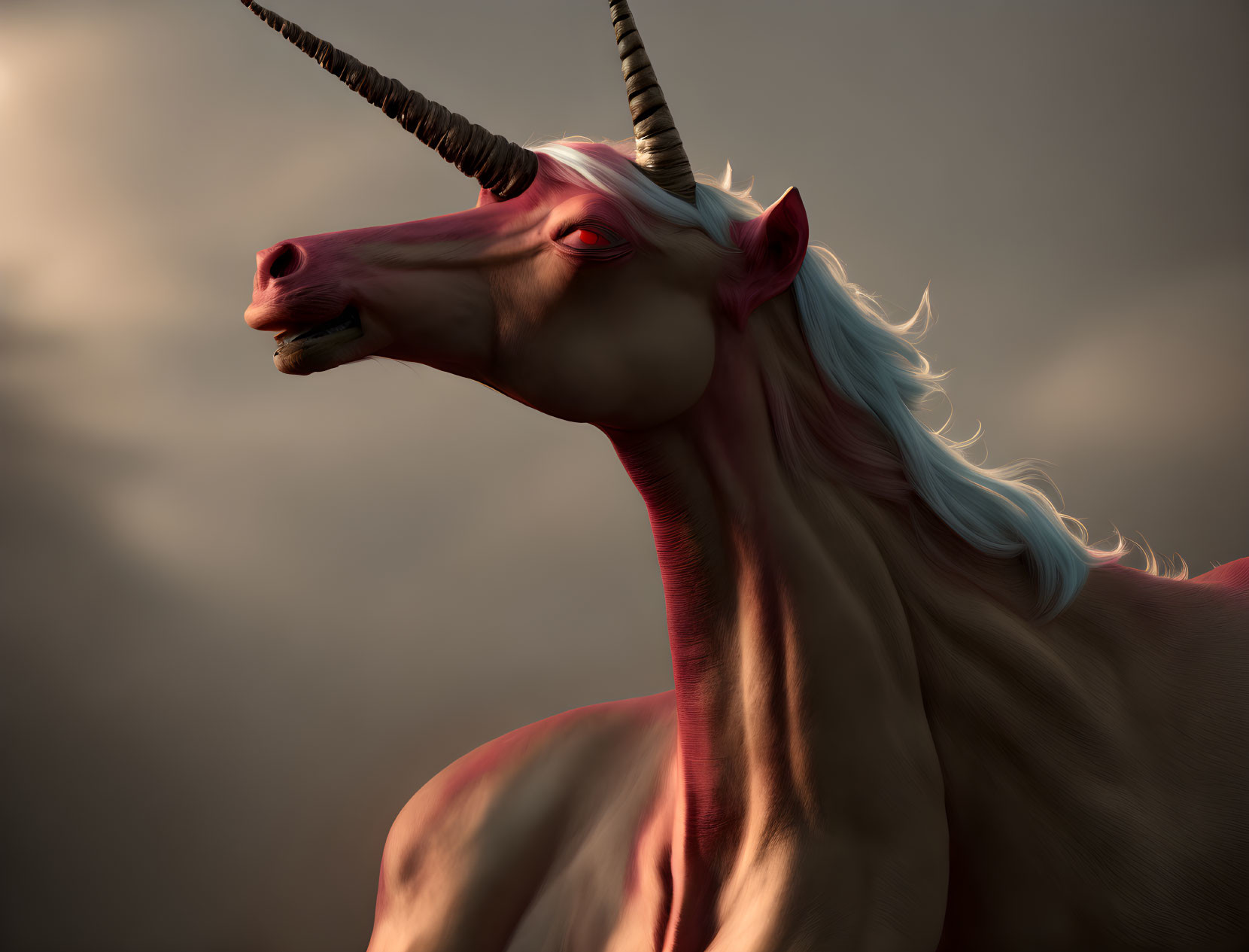 Pinkish 3D unicorn with spiraled horn and flowing mane in moody sky