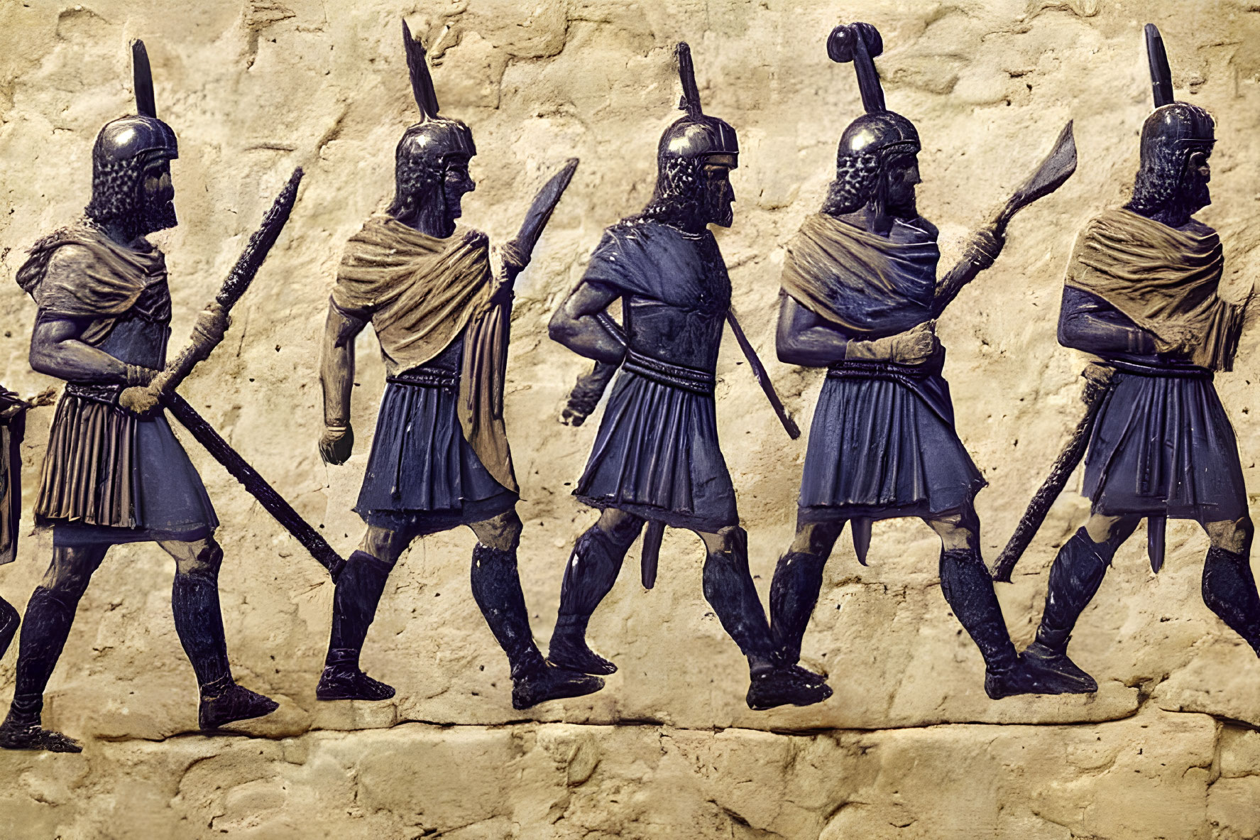 Ancient soldiers in uniform with helmets and spears in bas-relief